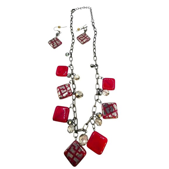 Red & Silver Geometric‎ Necklace & Earrings Set With Chain Links & Beads - Picture 1 of 3